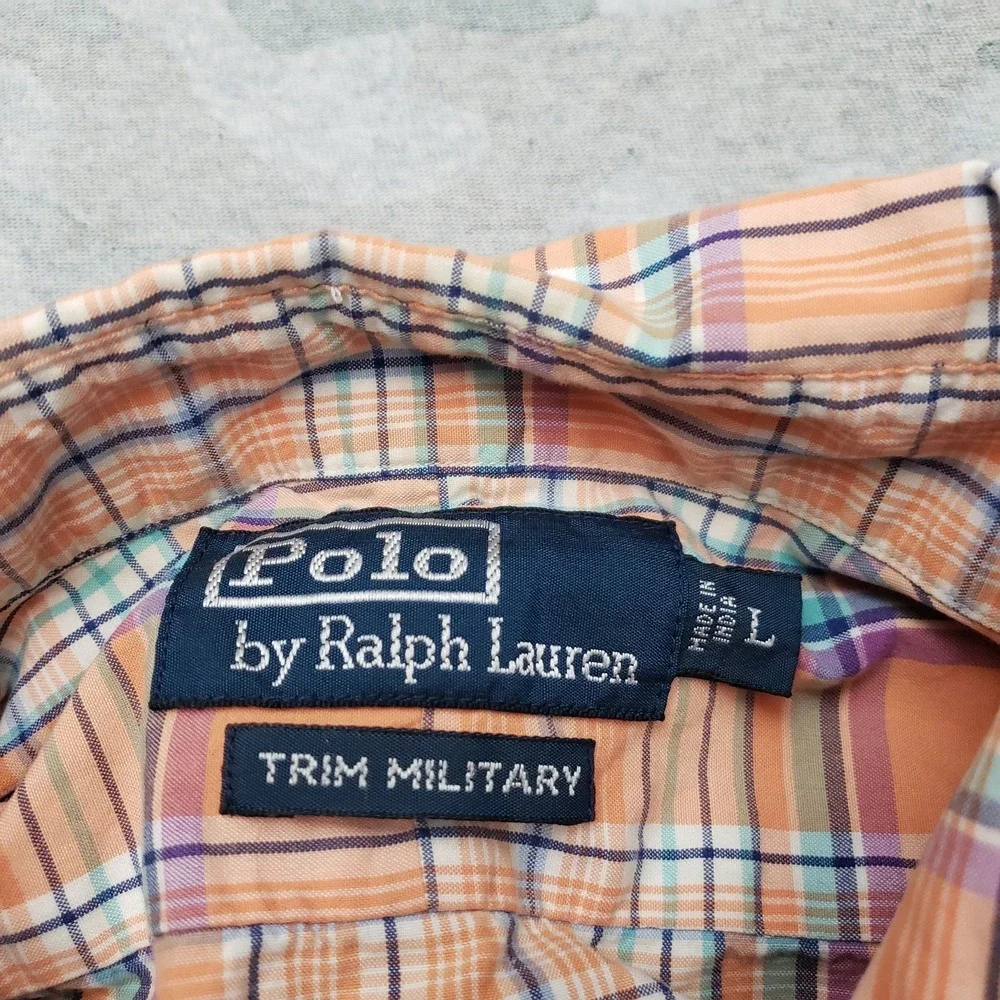 Polo Ralph Lauren Shirt Mens Large Orange Trim Military Long Sleeve Button Plaid